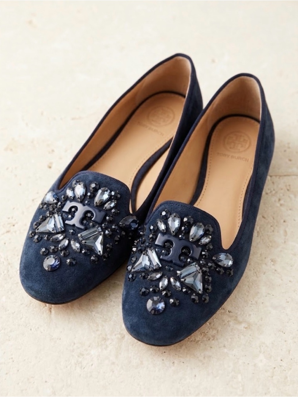 Tory Burch Chandra Blue Suede Crystal Embellished Smoking Loafer Flats 6.5